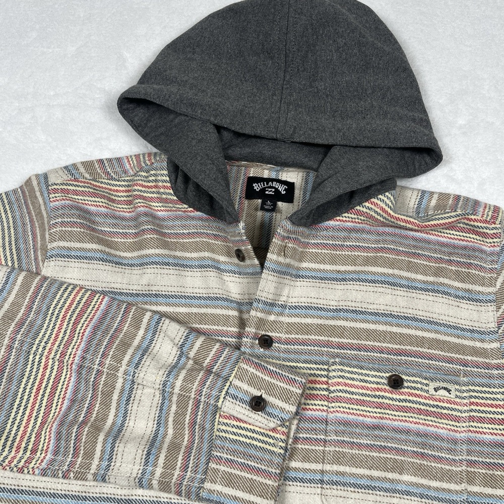Billabong Baja Hooded Flannel Shirt Men L Oatmeal Multicolo Stripe Button Hoodie